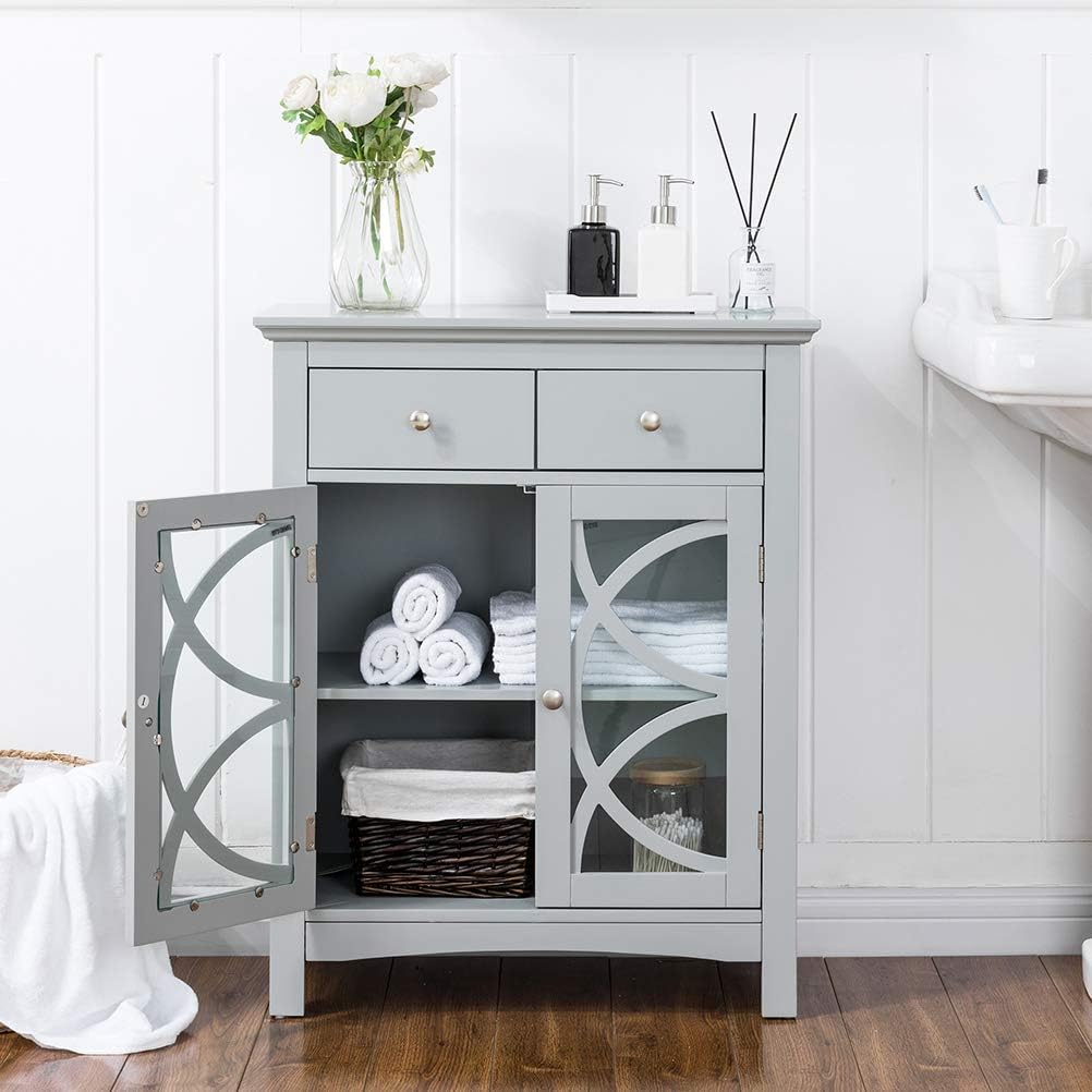 glitzhome 32.5 Inch Free Standing Storage Cabinet Wooden Floor Cabinet Accent Display with Double Doors and Drawer Bathroom Furniture Grey - Image 2