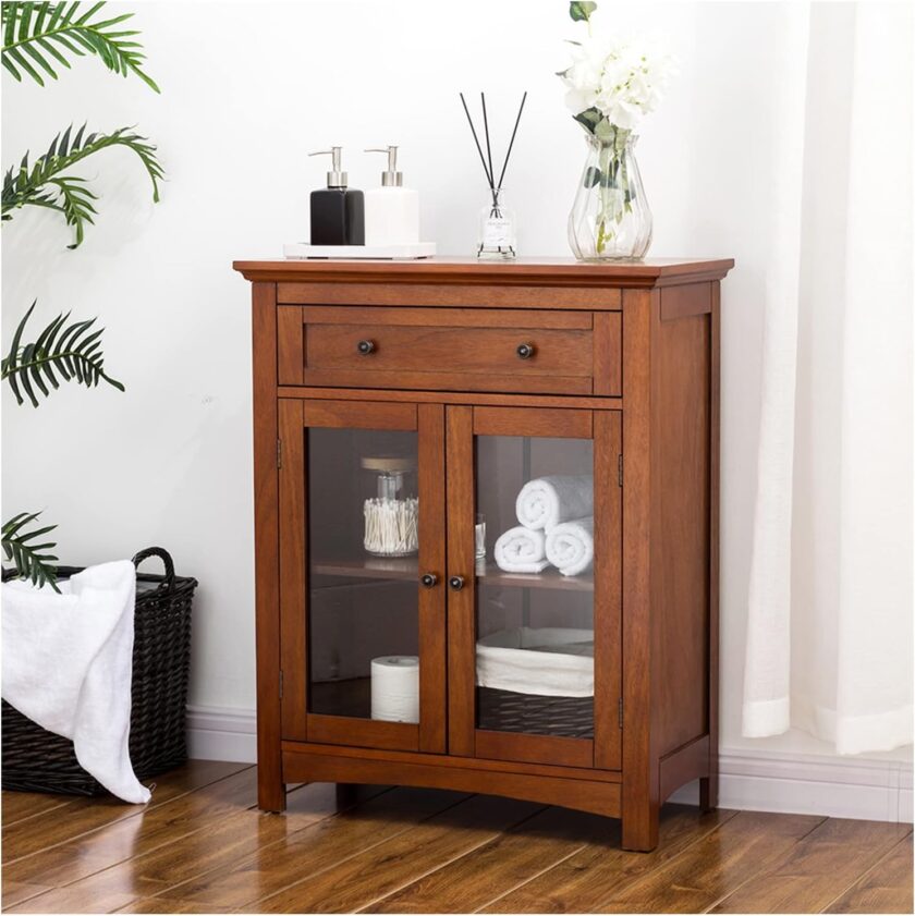 glitzhome 32.5 Inch Free Standing Storage Cabinet Wooden Floor Cabinet Accent Display with Double Doors and Drawer Bathroom Furniture Grey - Image 10