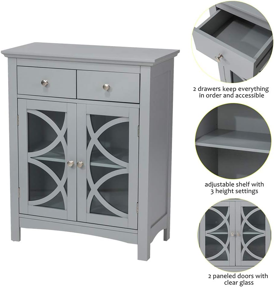 glitzhome 32.5 Inch Free Standing Storage Cabinet Wooden Floor Cabinet Accent Display with Double Doors and Drawer Bathroom Furniture Grey - Image 4