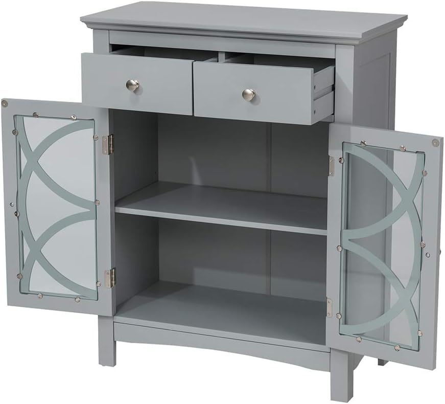 glitzhome 32.5 Inch Free Standing Storage Cabinet Wooden Floor Cabinet Accent Display with Double Doors and Drawer Bathroom Furniture Grey - Image 5