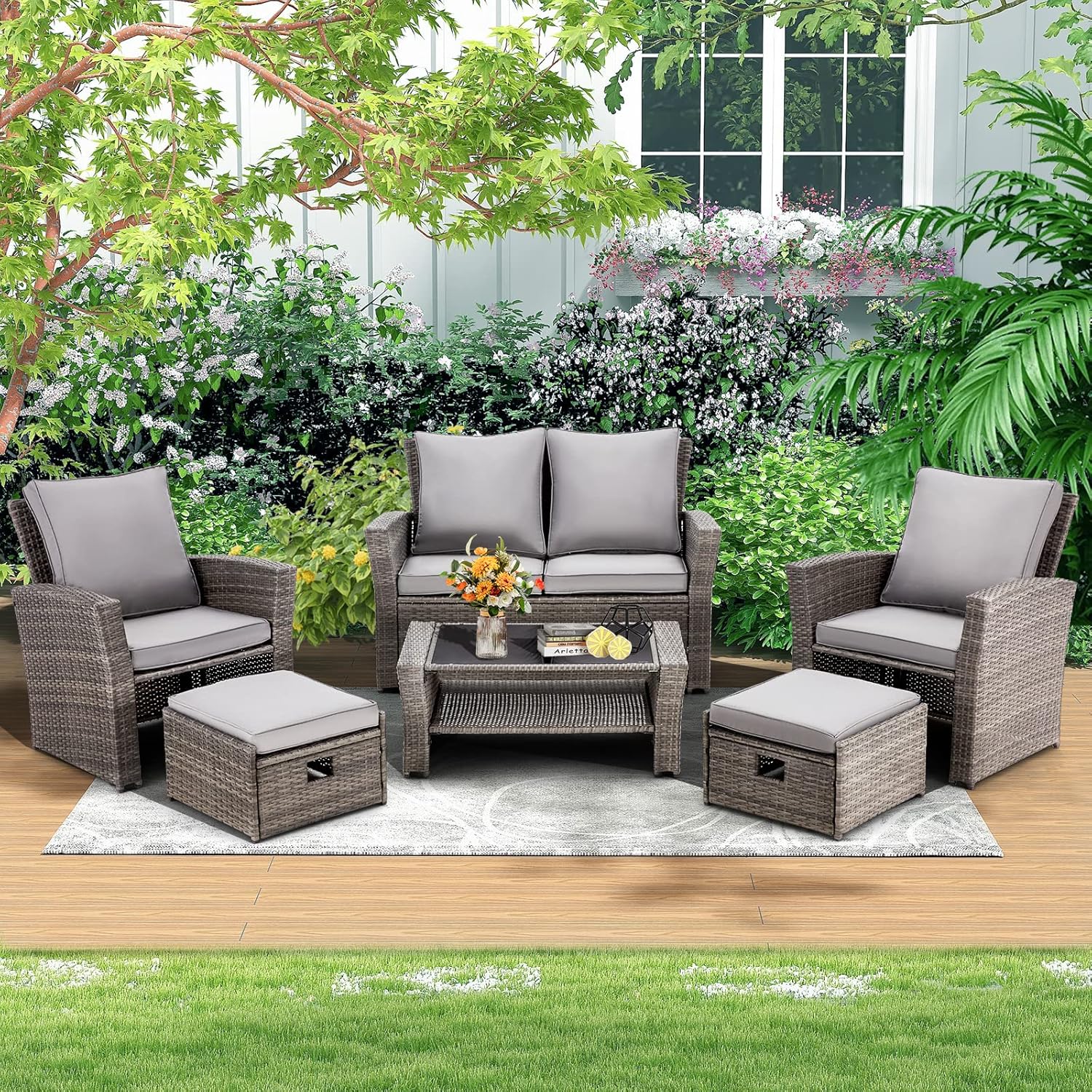 GYUTEI 6 Piece Patio Furniture Set Outdoor Sectional Sofa Conversation Sofa Set with All-Weather Rattan Wicker for Porch Lawn Garden(Grey) Visit The Store - Image 2