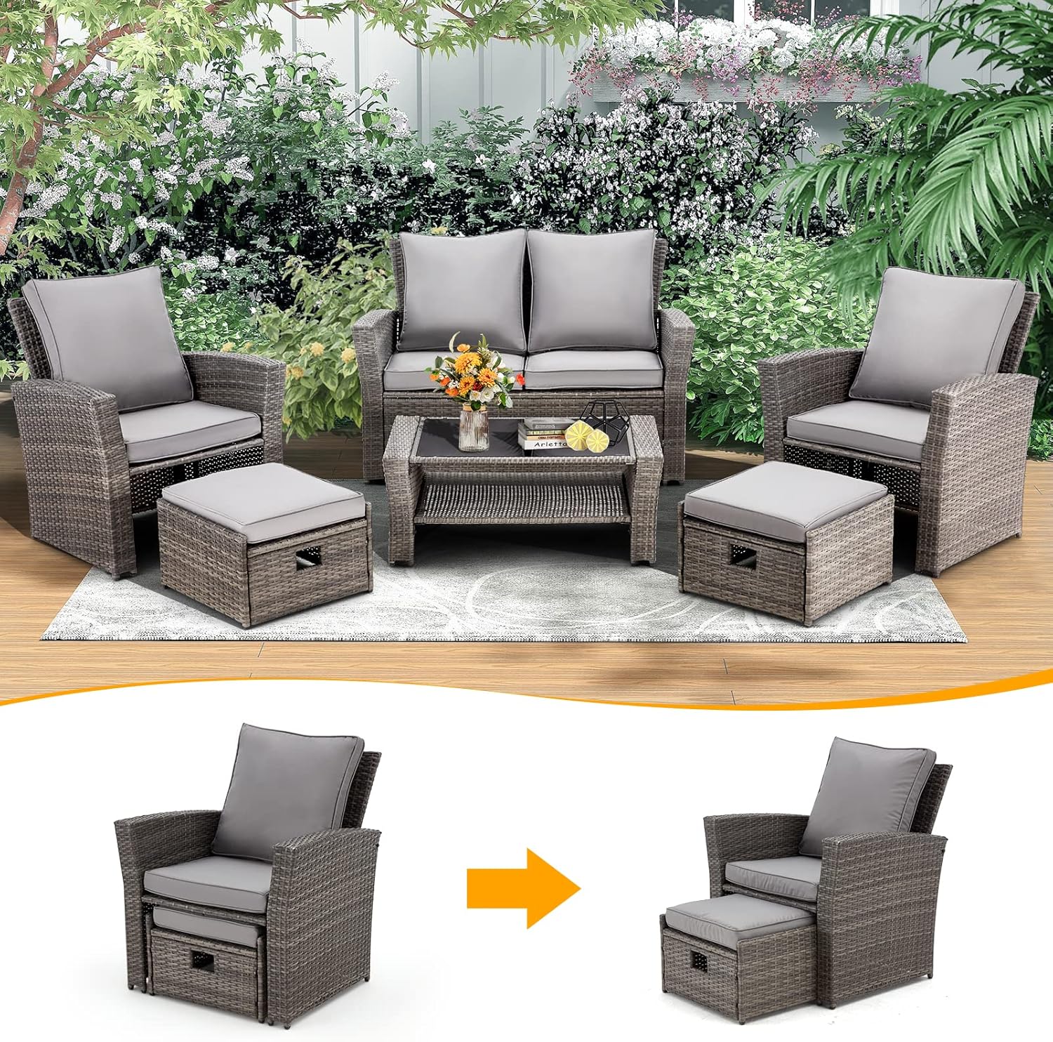 GYUTEI 6 Piece Patio Furniture Set Outdoor Sectional Sofa Conversation Sofa Set with All-Weather Rattan Wicker for Porch Lawn Garden(Grey) Visit The Store - Image 8