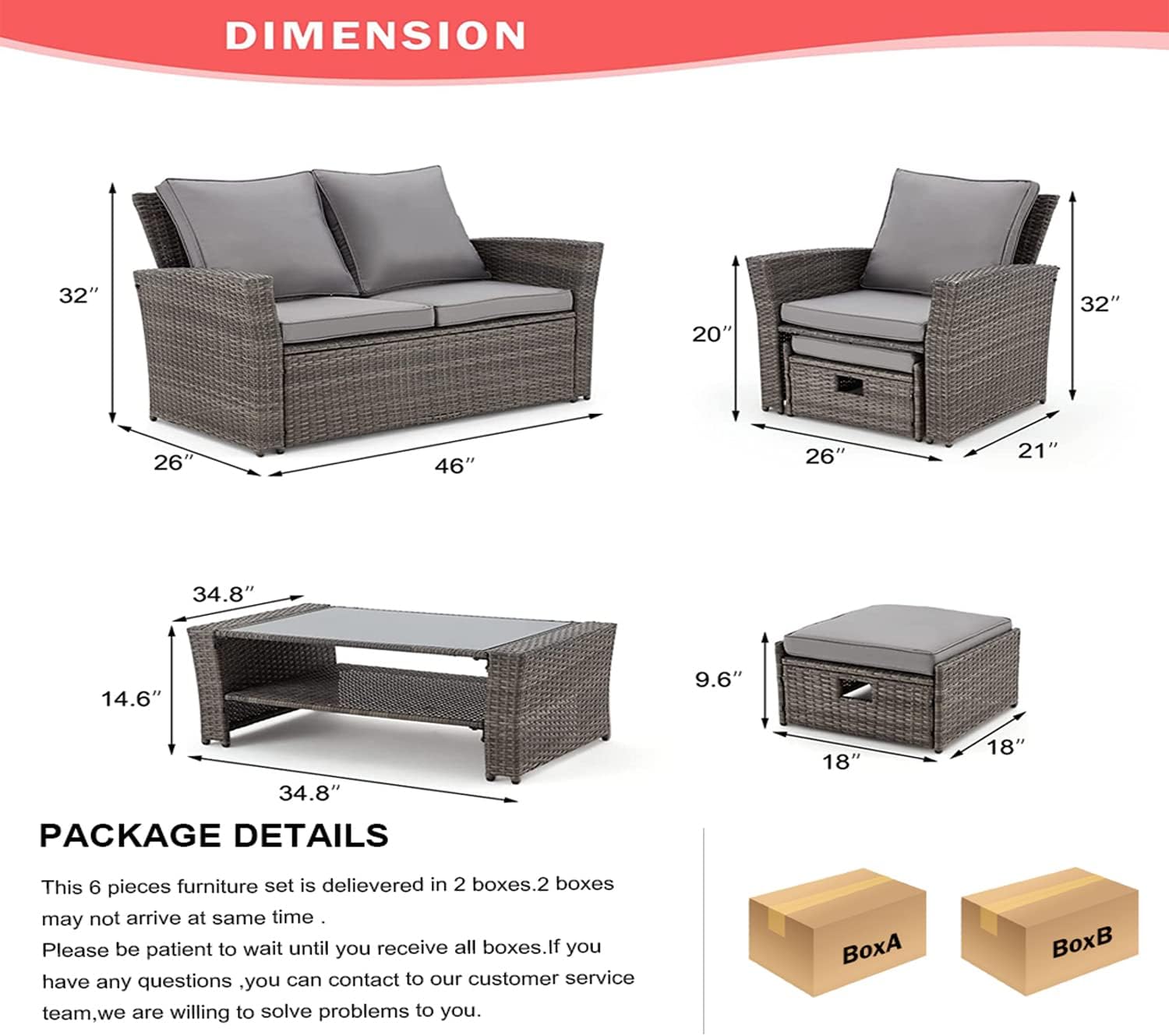 GYUTEI 6 Piece Patio Furniture Set Outdoor Sectional Sofa Conversation Sofa Set with All-Weather Rattan Wicker for Porch Lawn Garden(Grey) Visit The Store - Image 6