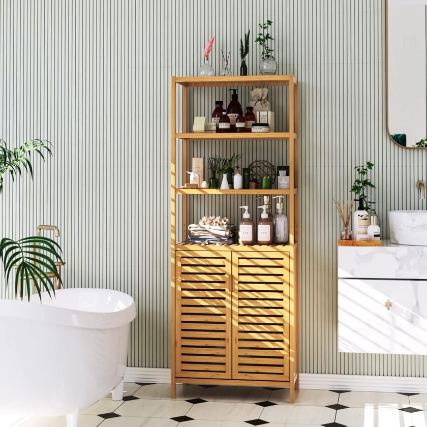 HIFIT Tall Bathroom Storage Cabinet, Bamboo Storage Cabinet with 2 Doors and 3 Tier Shelves, Bathroom Cabinet Freestanding, 67\u201DH Bamboo Tall Cabinet for Bathroom Living Room Kitchen, Nature