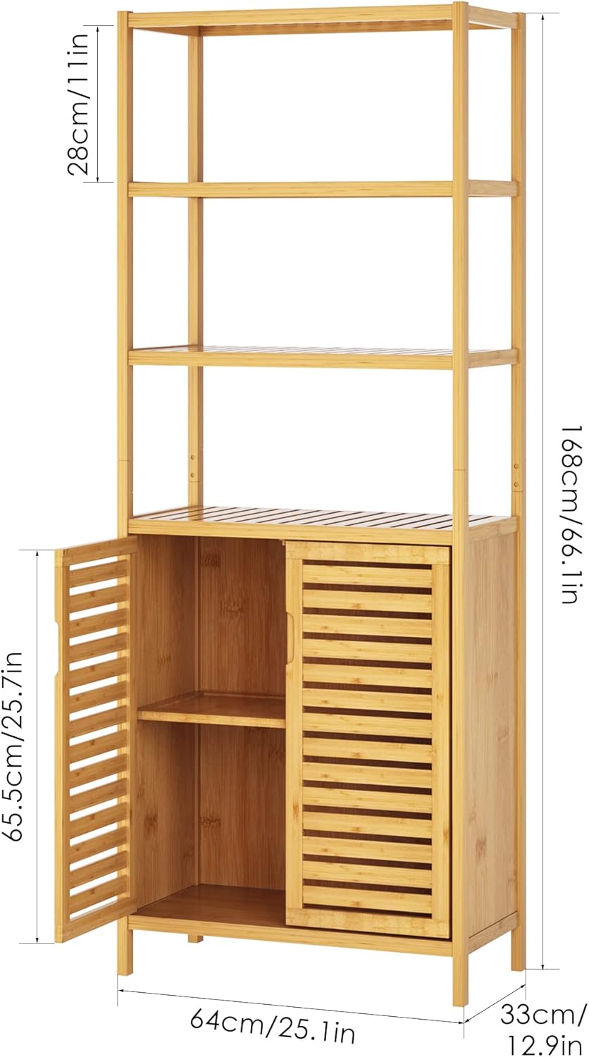 HIFIT Tall Bathroom Storage Cabinet, Bamboo Storage Cabinet with 2 Doors and 3 Tier Shelves, Bathroom Cabinet Freestanding, 67\u201DH Bamboo Tall Cabinet for Bathroom Living Room Kitchen, Nature - Image 5