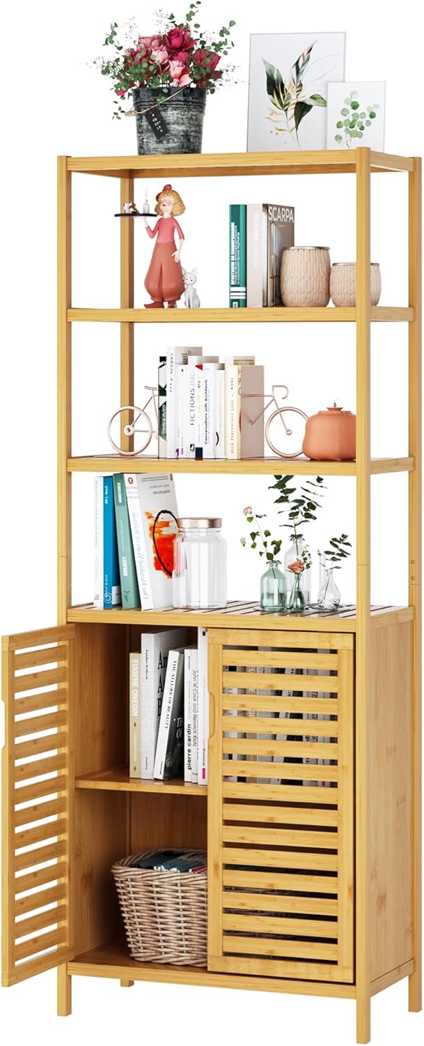 HIFIT Tall Bathroom Storage Cabinet, Bamboo Storage Cabinet with 2 Doors and 3 Tier Shelves, Bathroom Cabinet Freestanding, 67\u201DH Bamboo Tall Cabinet for Bathroom Living Room Kitchen, Nature - Image 4