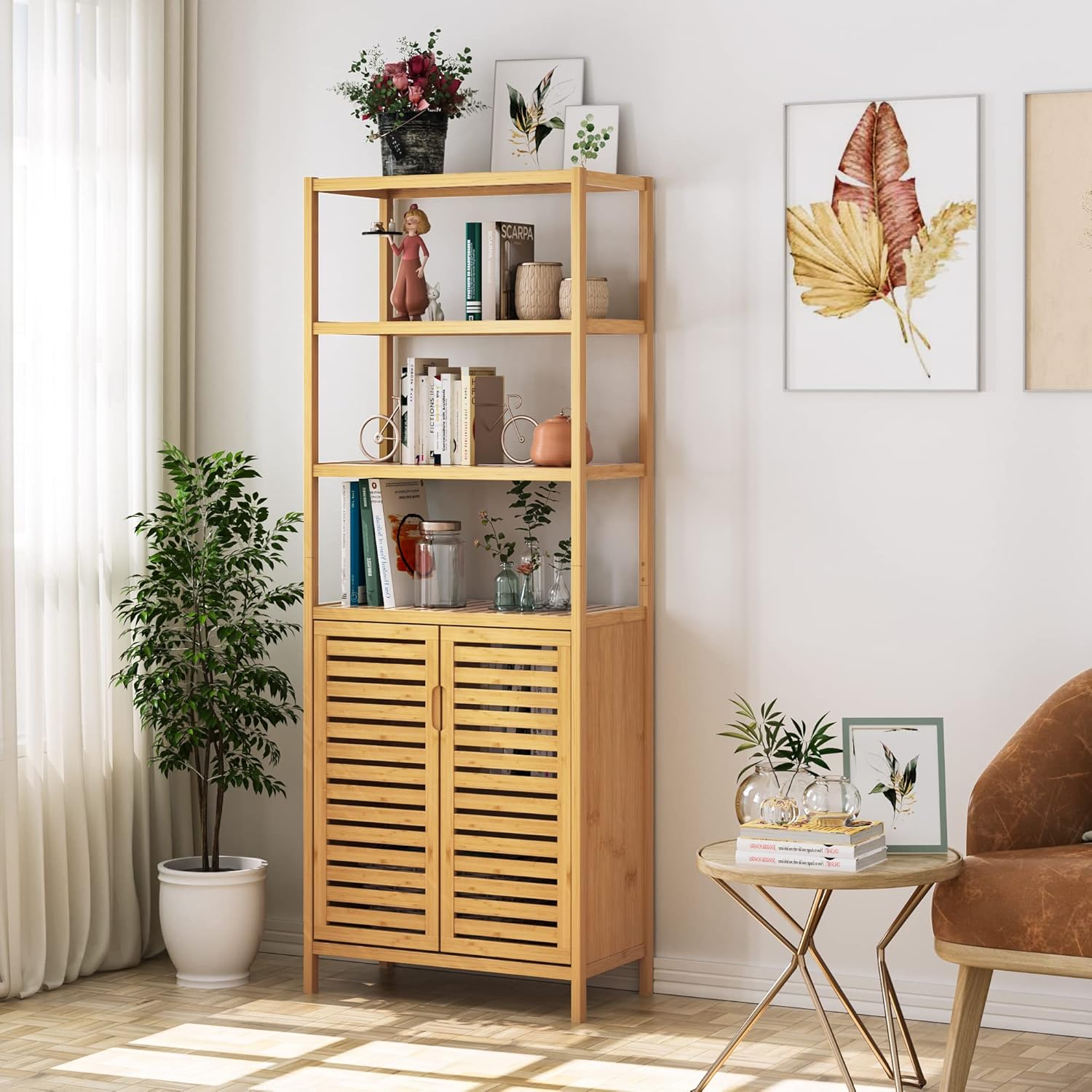 HIFIT Tall Bathroom Storage Cabinet, Bamboo Storage Cabinet with 2 Doors and 3 Tier Shelves, Bathroom Cabinet Freestanding, 67\u201DH Bamboo Tall Cabinet for Bathroom Living Room Kitchen, Nature - Image 2