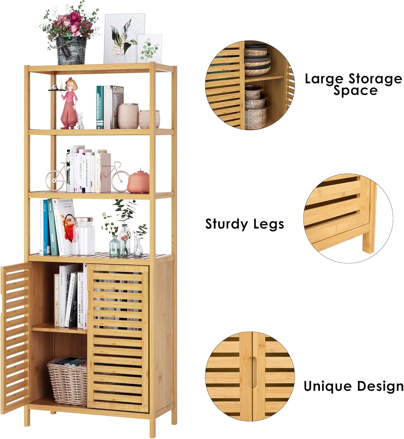 HIFIT Tall Bathroom Storage Cabinet, Bamboo Storage Cabinet with 2 Doors and 3 Tier Shelves, Bathroom Cabinet Freestanding, 67\u201DH Bamboo Tall Cabinet for Bathroom Living Room Kitchen, Nature - Image 3