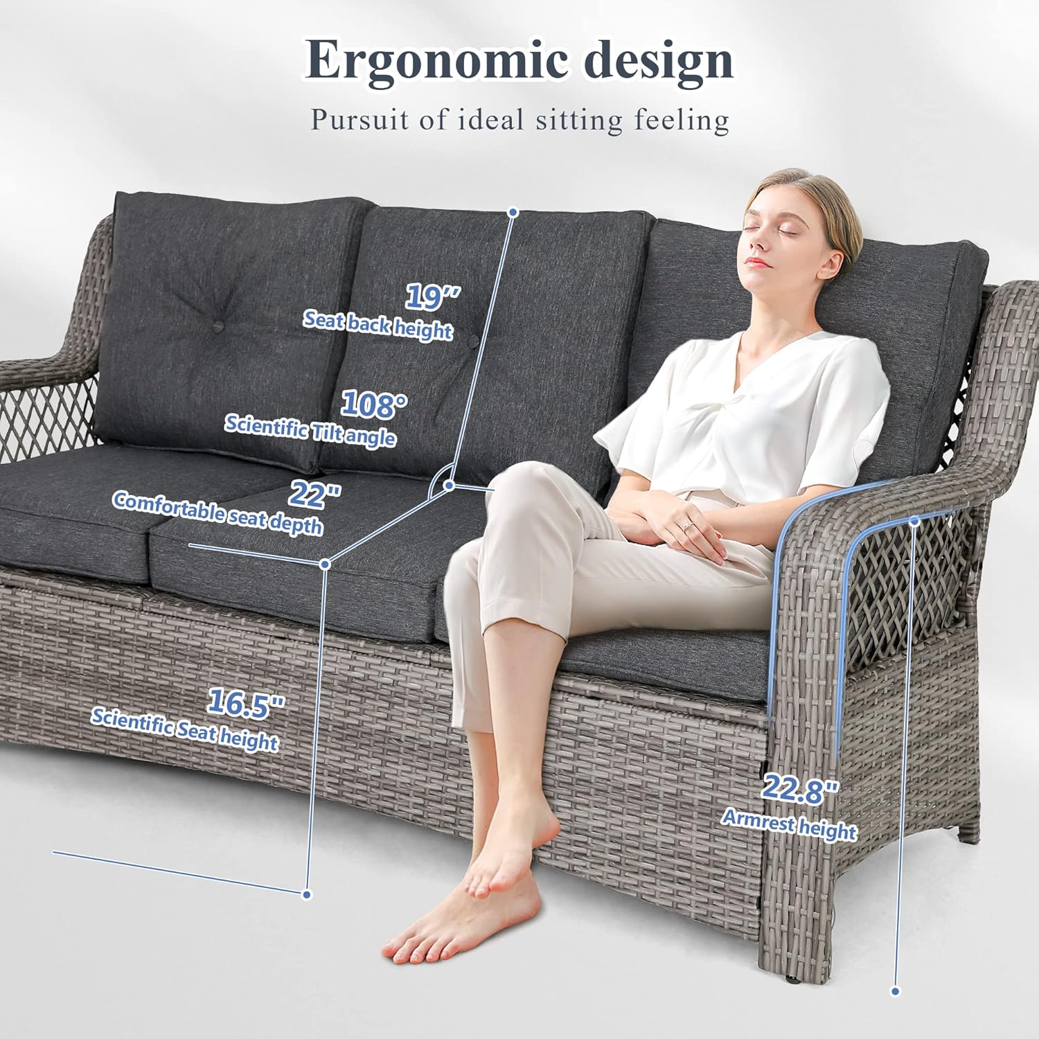 HOMREST Patio Furniture Set 6 Pieces Rattan Outdoor Patio Conversation Sets Sectional Wicker Sofa Chair for Porch Deck with Ottoman Cushions (Grey) - Image 5