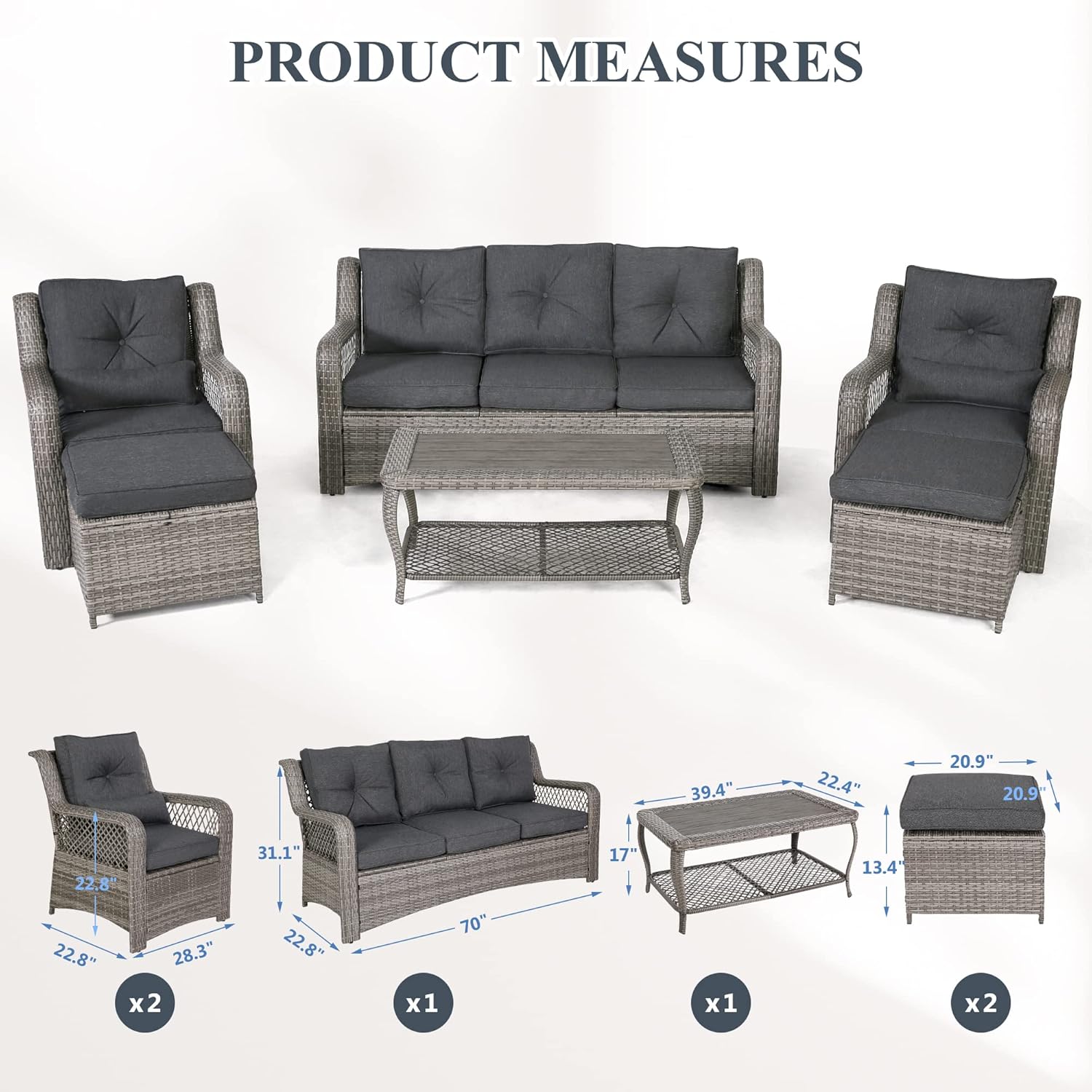 HOMREST Patio Furniture Set 6 Pieces Rattan Outdoor Patio Conversation Sets Sectional Wicker Sofa Chair for Porch Deck with Ottoman Cushions (Grey) - Image 6