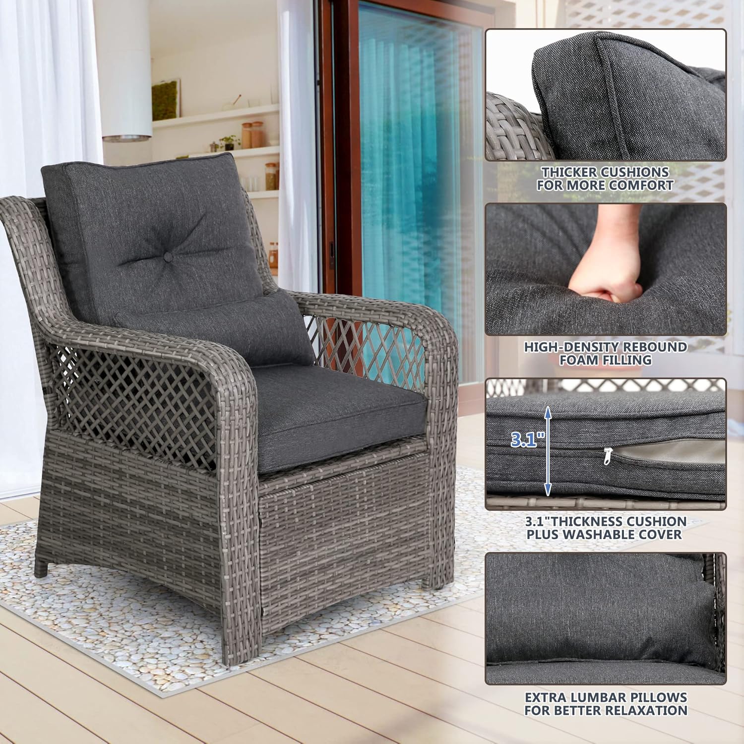 HOMREST Patio Furniture Set 6 Pieces Rattan Outdoor Patio Conversation Sets Sectional Wicker Sofa Chair for Porch Deck with Ottoman Cushions (Grey) - Image 4