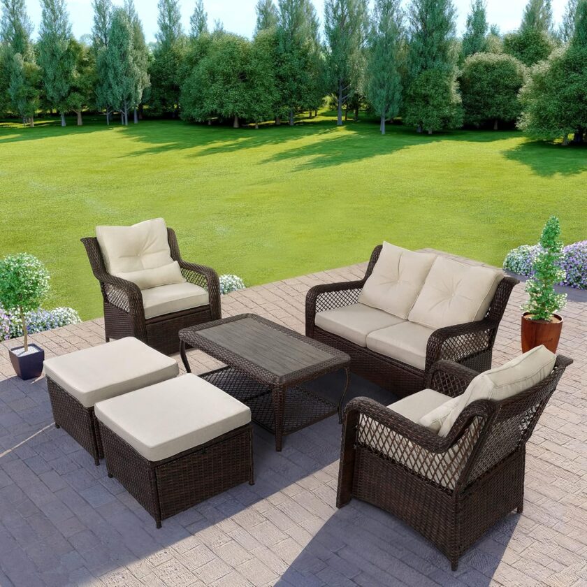 HOMREST Patio Furniture Set 6 Pieces Rattan Outdoor Patio Conversation Sets Sectional Wicker Sofa Chair for Porch Deck with Ottoman Cushions (Grey) - Image 8