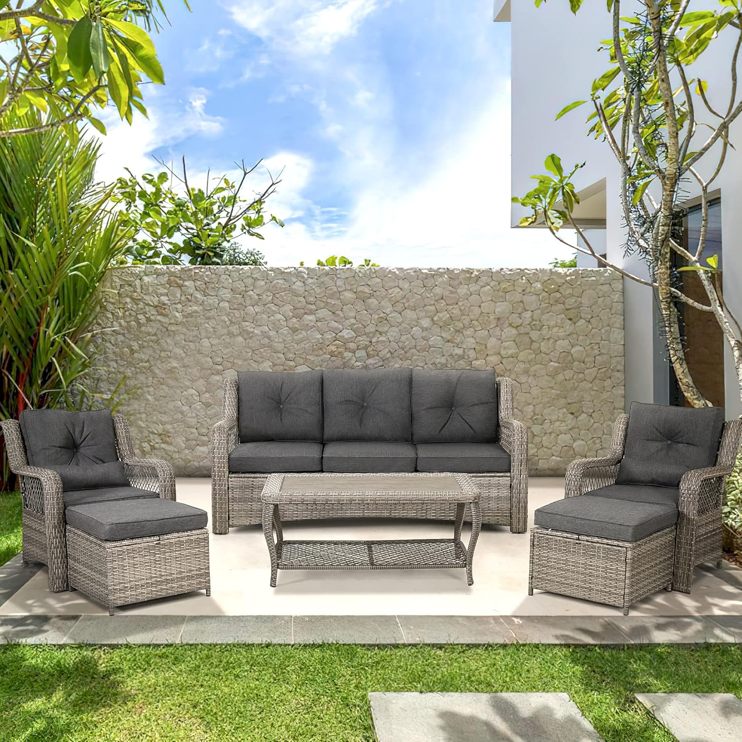 HOMREST Patio Furniture Set 6 Pieces Rattan Outdoor Patio Conversation Sets Sectional Wicker Sofa Chair for Porch Deck with Ottoman Cushions (Grey) - Image 2
