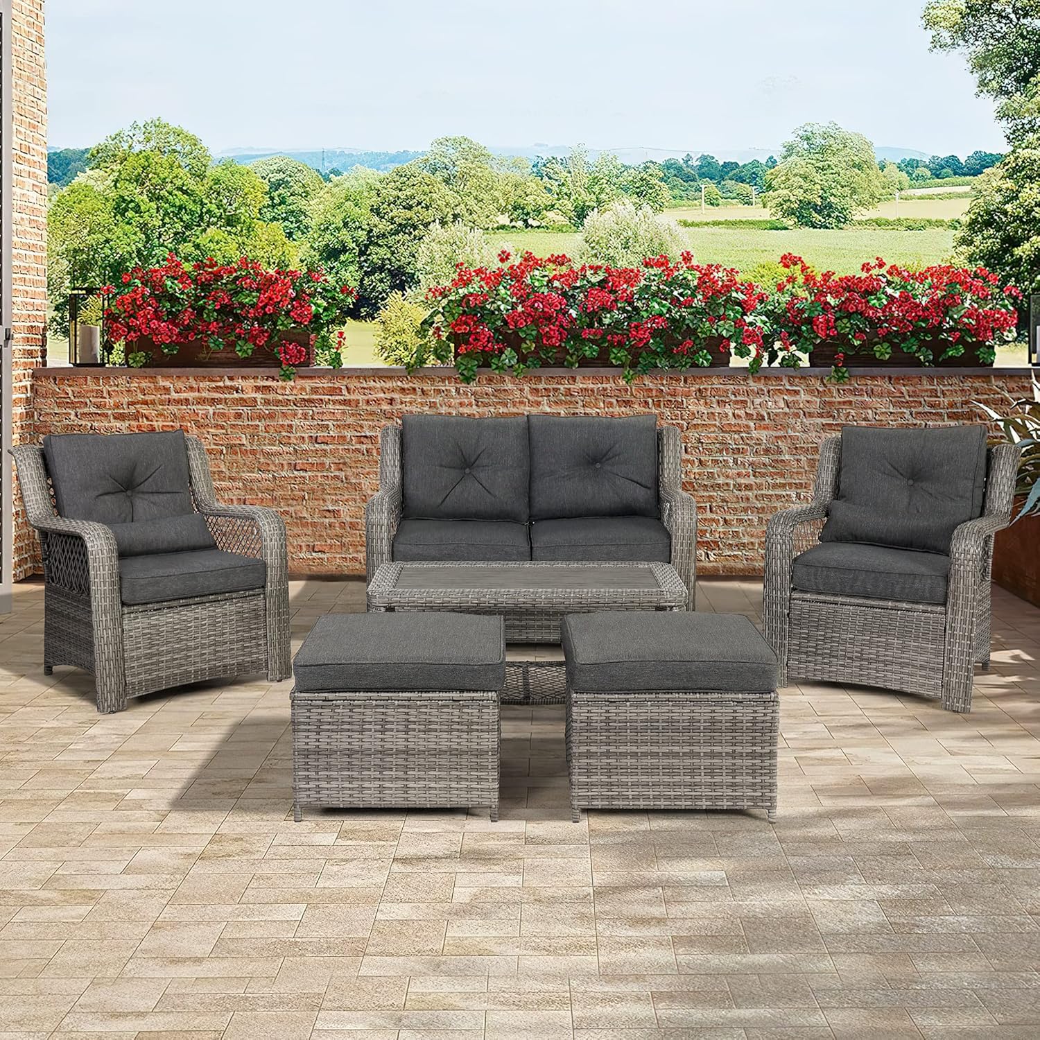 HOMREST Patio Furniture Set 6 Pieces Rattan Outdoor Patio Conversation Sets Sectional Wicker Sofa Chair for Porch Deck with Ottoman Cushions (Grey) - Image 9