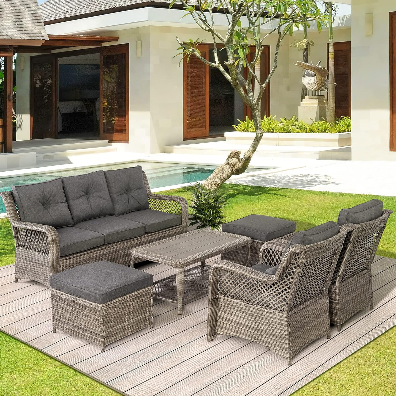 HOMREST Patio Furniture Set 6 Pieces Rattan Outdoor Patio Conversation Sets Sectional Wicker Sofa Chair for Porch Deck with Ottoman Cushions (Grey) - Image 7