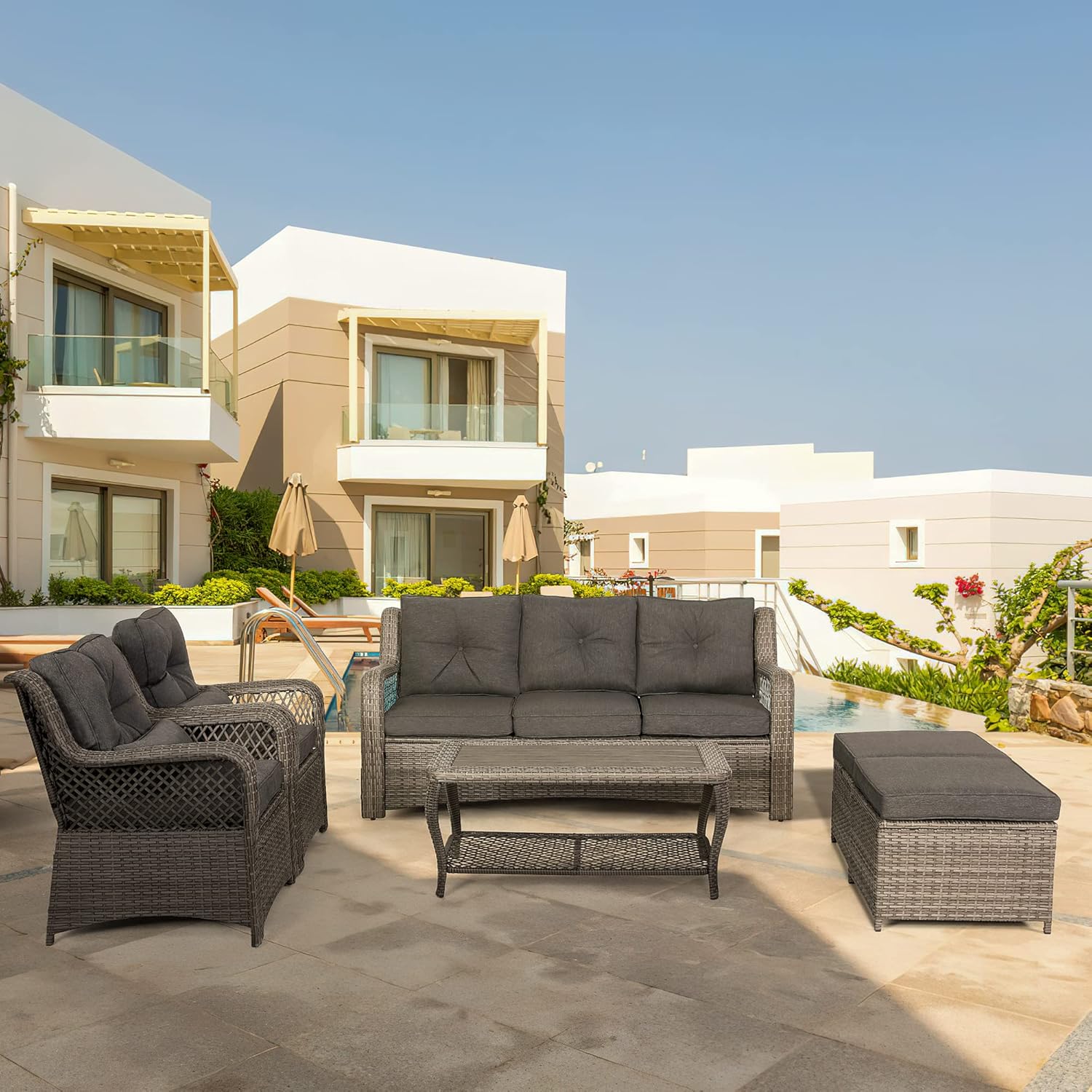 HOMREST Patio Furniture Set 6 Pieces Rattan Outdoor Patio Conversation Sets Sectional Wicker Sofa Chair for Porch Deck with Ottoman Cushions (Grey)