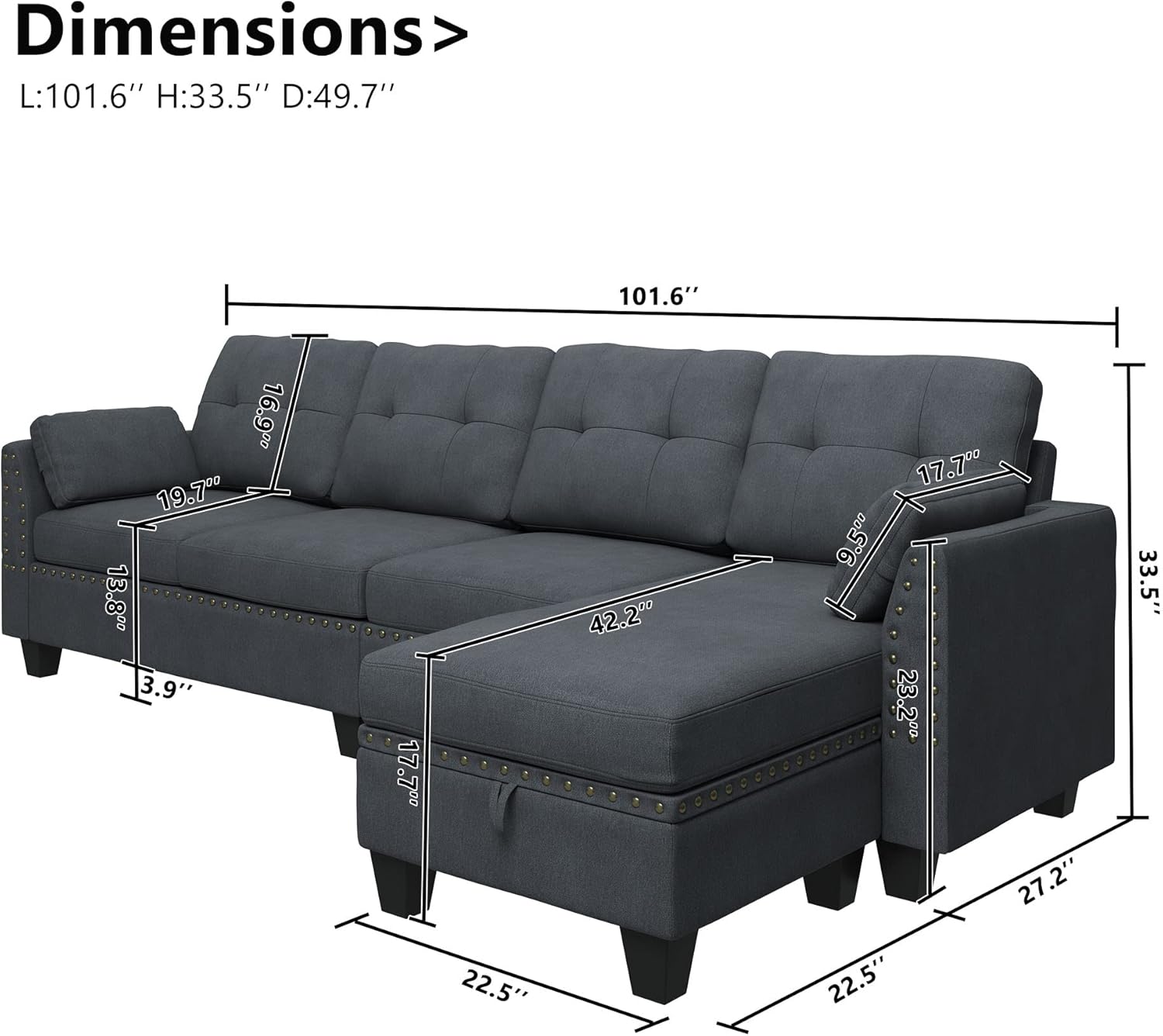 HONBAY Convertible Sectional Sofa L Shaped Couch Reversible Sectional for Small Apartment, Bluish Grey - Image 2