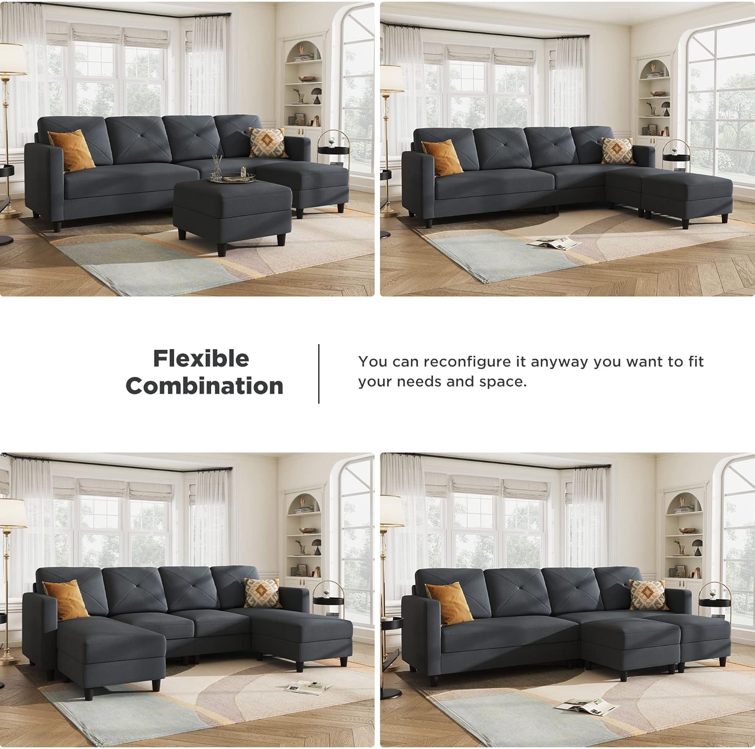 HONBAY Convertible Sectional Sofa U Shaped Couch 4 Seat Sofa with Double Chaises for Living Room, Bluish Grey - Image 4