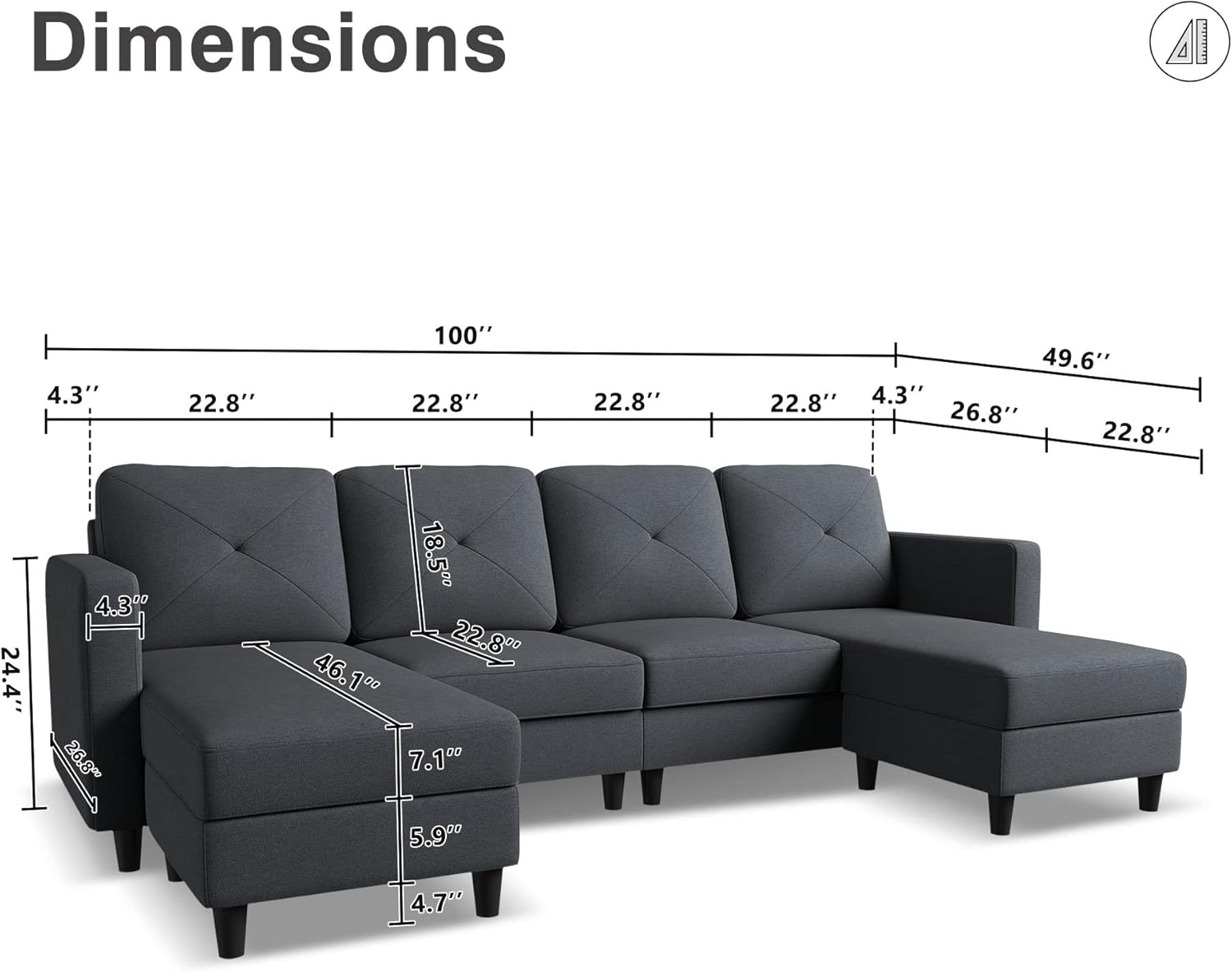 HONBAY Convertible Sectional Sofa U Shaped Couch 4 Seat Sofa with Double Chaises for Living Room, Bluish Grey - Image 2