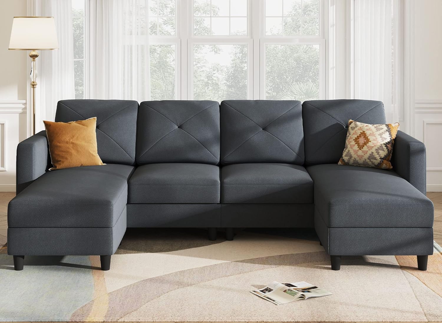 HONBAY Convertible Sectional Sofa U Shaped Couch 4 Seat Sofa with Double Chaises for Living Room, Bluish Grey - Image 3