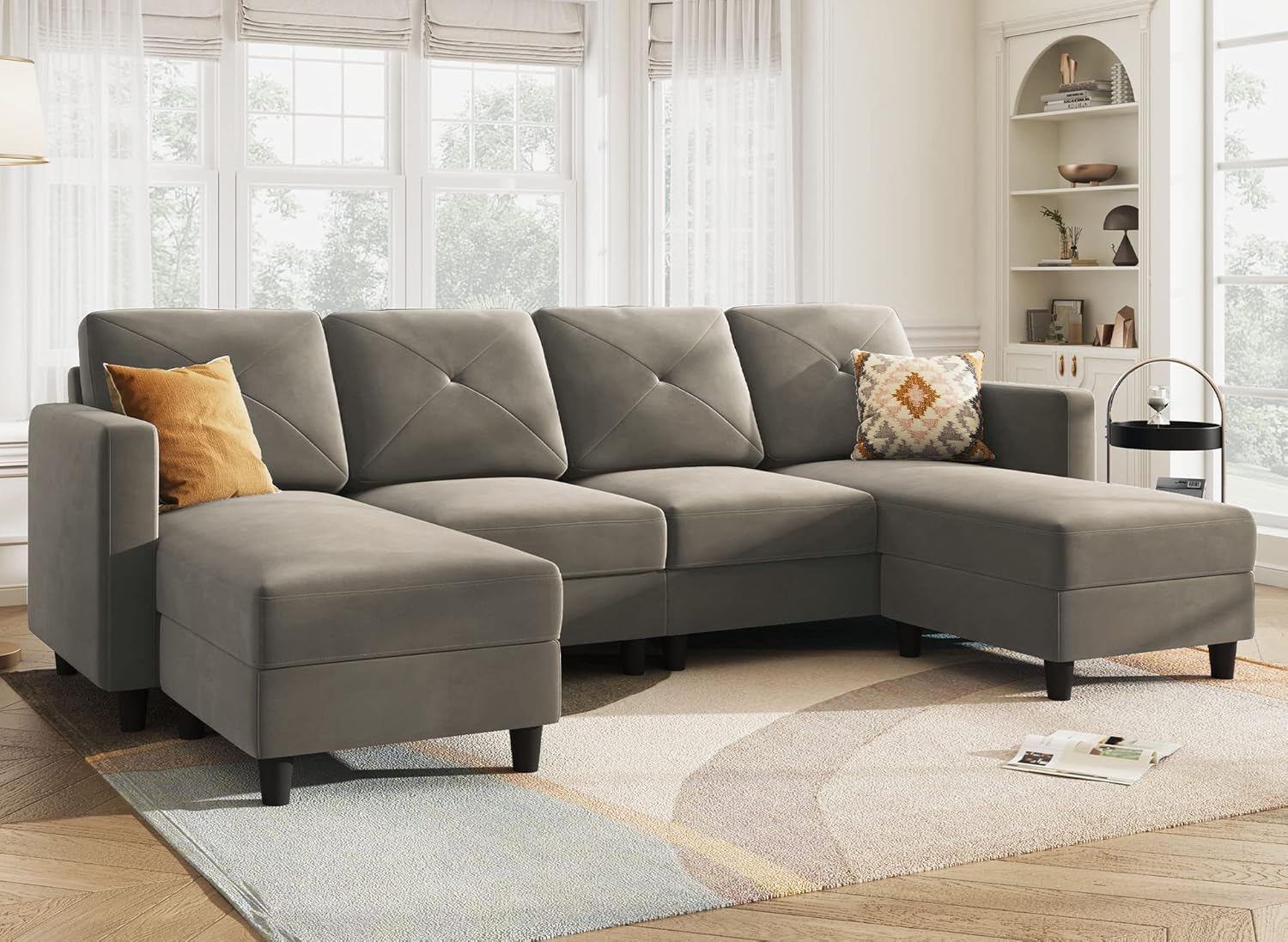 HONBAY Convertible Sectional Sofa U Shaped Couch 4 Seat Sofa with Double Chaises for Living Room, Bluish Grey - Image 8