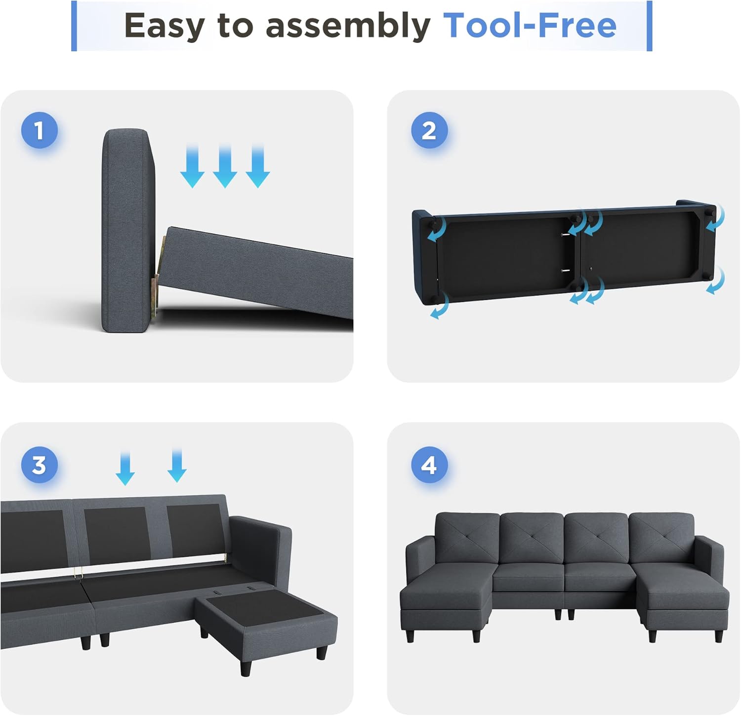 HONBAY Convertible Sectional Sofa U Shaped Couch 4 Seat Sofa with Double Chaises for Living Room, Bluish Grey - Image 5