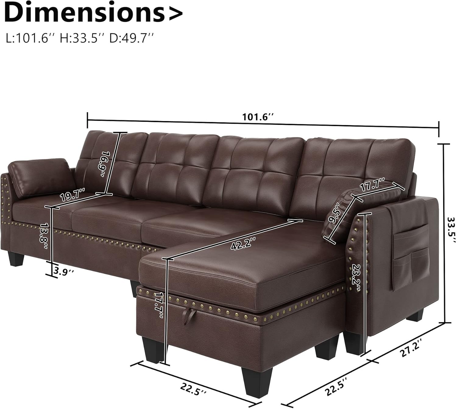 HONBAY Faux Leather Sectional Sofa Couch Reversible L Shaped Couch Sofa 4 Seat Sofa Sectional Couch for Small Apartment - Image 2