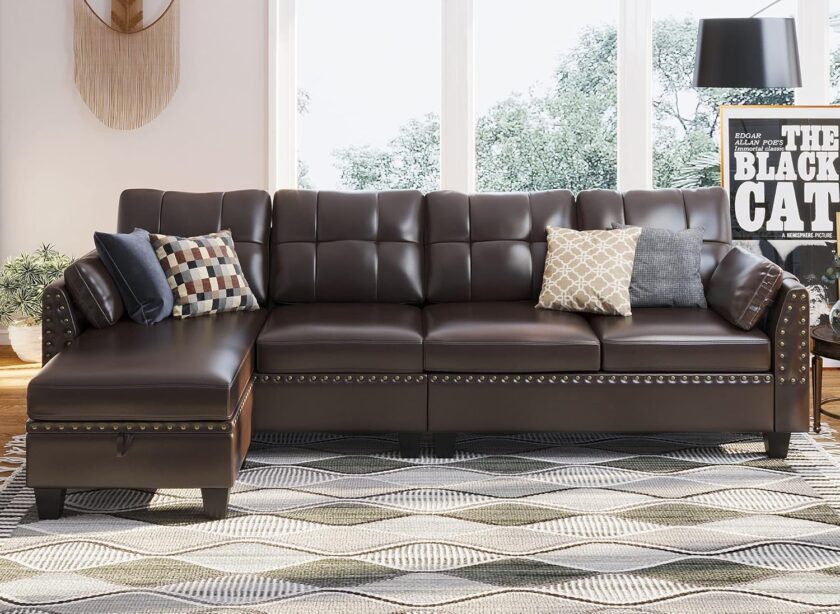 HONBAY Faux Leather Sectional Sofa Couch Reversible L Shaped Couch Sofa 4 Seat Sofa Sectional Couch for Small Apartment - Image 3