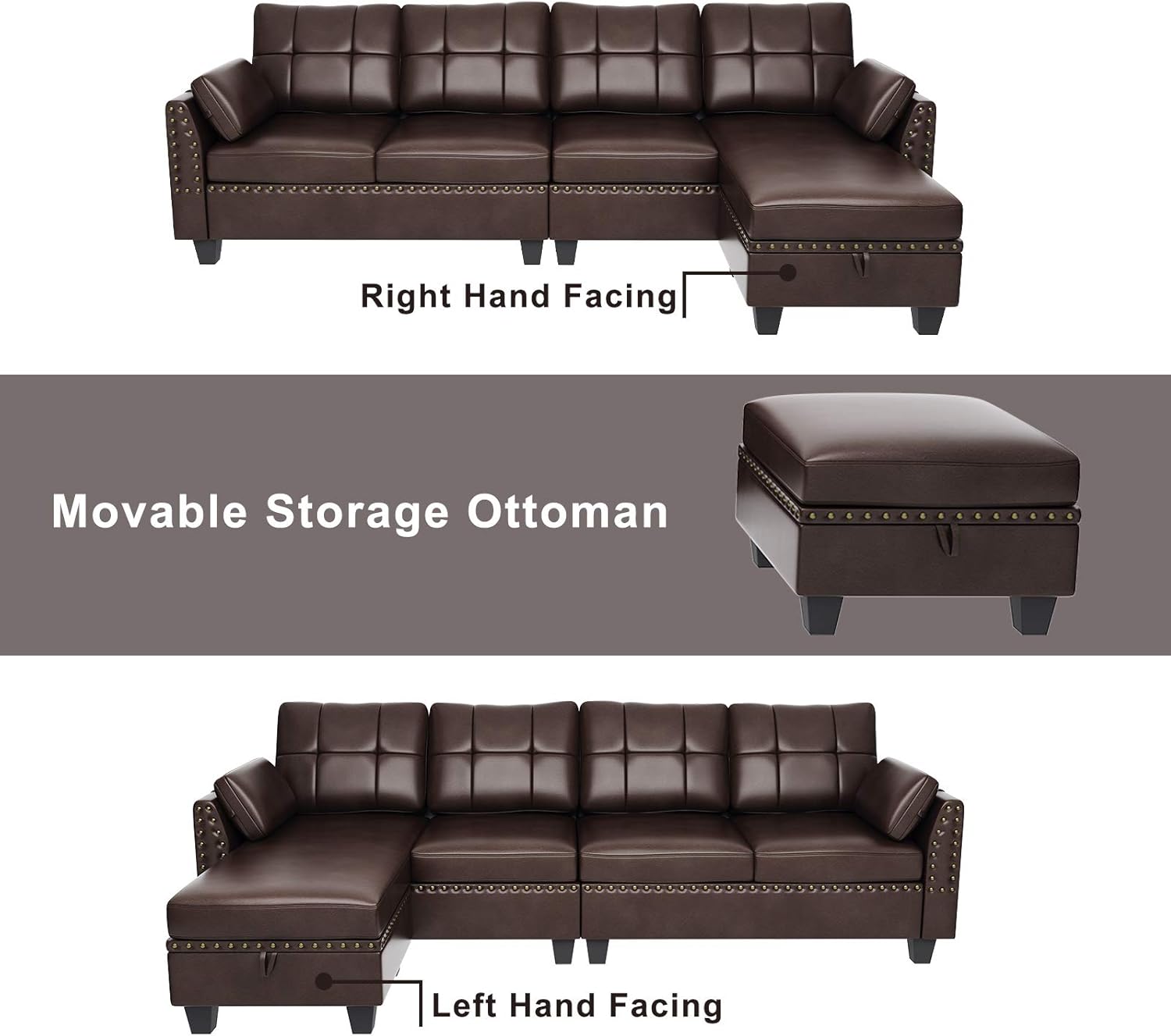 HONBAY Faux Leather Sectional Sofa Couch Reversible L Shaped Couch Sofa 4 Seat Sofa Sectional Couch for Small Apartment - Image 4