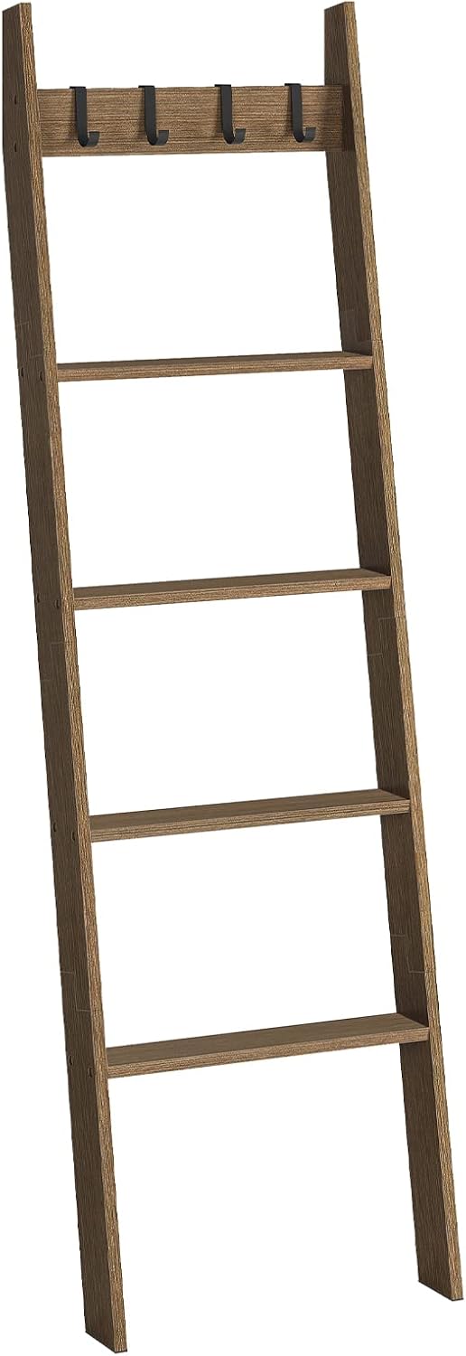 HOOBRO Blanket Ladder, Wall Leaning 5 Ft Blanket Rack, 5 Tier Farmhouse Ladder Shelf, Towel Rack, Decorative Quilt Rack, Removable Hooks, Living Room, Bedroom, Bathroom, Black BB51CJ01 - Image 10