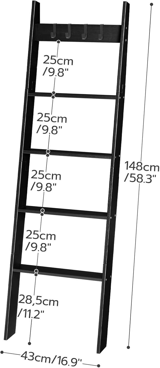 HOOBRO Blanket Ladder, Wall Leaning 5 Ft Blanket Rack, 5 Tier Farmhouse Ladder Shelf, Towel Rack, Decorative Quilt Rack, Removable Hooks, Living Room, Bedroom, Bathroom, Black BB51CJ01 - Image 3