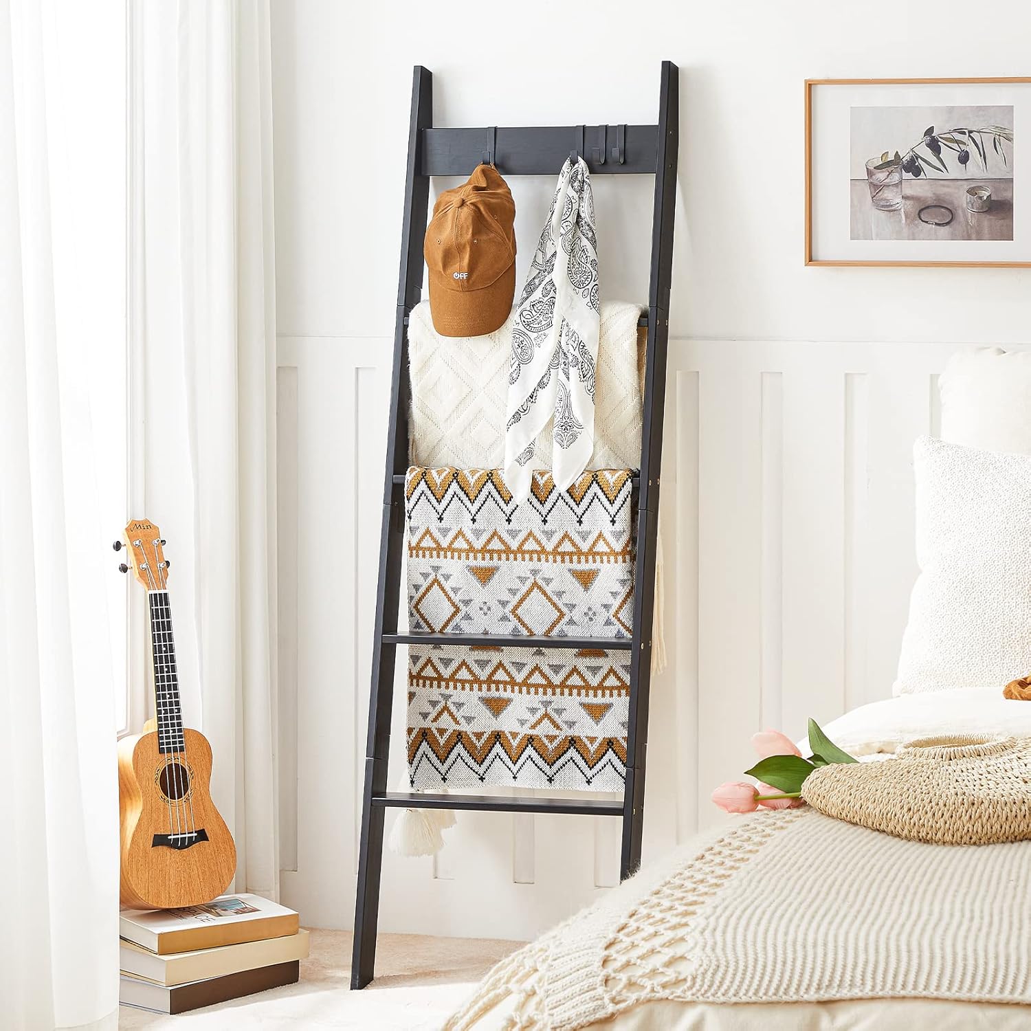 HOOBRO Blanket Ladder, Wall Leaning 5 Ft Blanket Rack, 5 Tier Farmhouse Ladder Shelf, Towel Rack, Decorative Quilt Rack, Removable Hooks, Living Room, Bedroom, Bathroom, Black BB51CJ01 - Image 5