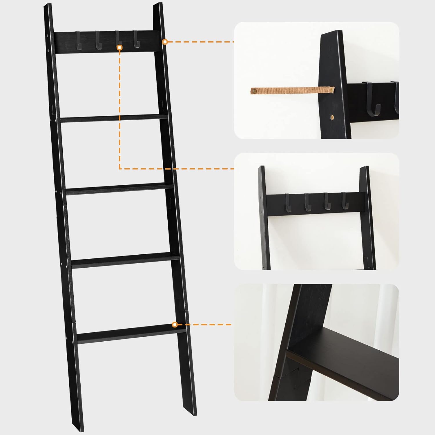 HOOBRO Blanket Ladder, Wall Leaning 5 Ft Blanket Rack, 5 Tier Farmhouse Ladder Shelf, Towel Rack, Decorative Quilt Rack, Removable Hooks, Living Room, Bedroom, Bathroom, Black BB51CJ01 - Image 6