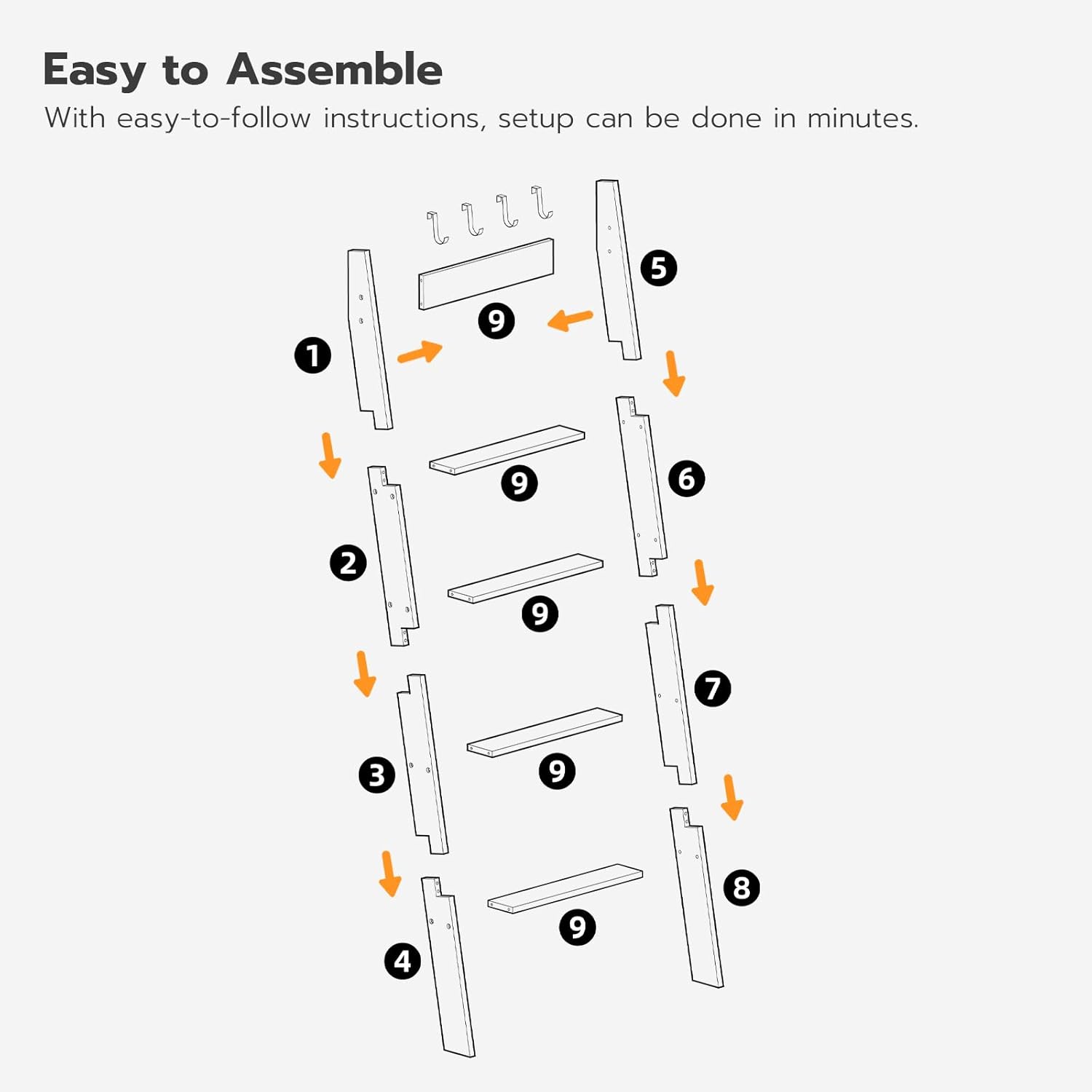 HOOBRO Blanket Ladder, Wall Leaning 5 Ft Blanket Rack, 5 Tier Farmhouse Ladder Shelf, Towel Rack, Decorative Quilt Rack, Removable Hooks, Living Room, Bedroom, Bathroom, Black BB51CJ01 - Image 4