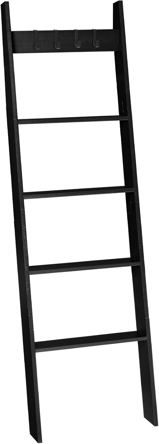 HOOBRO Blanket Ladder, Wall Leaning 5 Ft Blanket Rack, 5 Tier Farmhouse Ladder Shelf, Towel Rack, Decorative Quilt Rack, Removable Hooks, Living Room, Bedroom, Bathroom, Black BB51CJ01