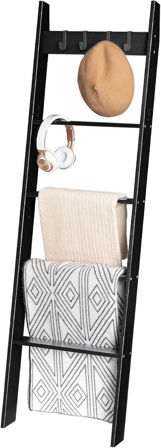 HOOBRO Blanket Ladder, Wall Leaning 5 Ft Blanket Rack, 5 Tier Farmhouse Ladder Shelf, Towel Rack, Decorative Quilt Rack, Removable Hooks, Living Room, Bedroom, Bathroom, Black BB51CJ01 - Image 7