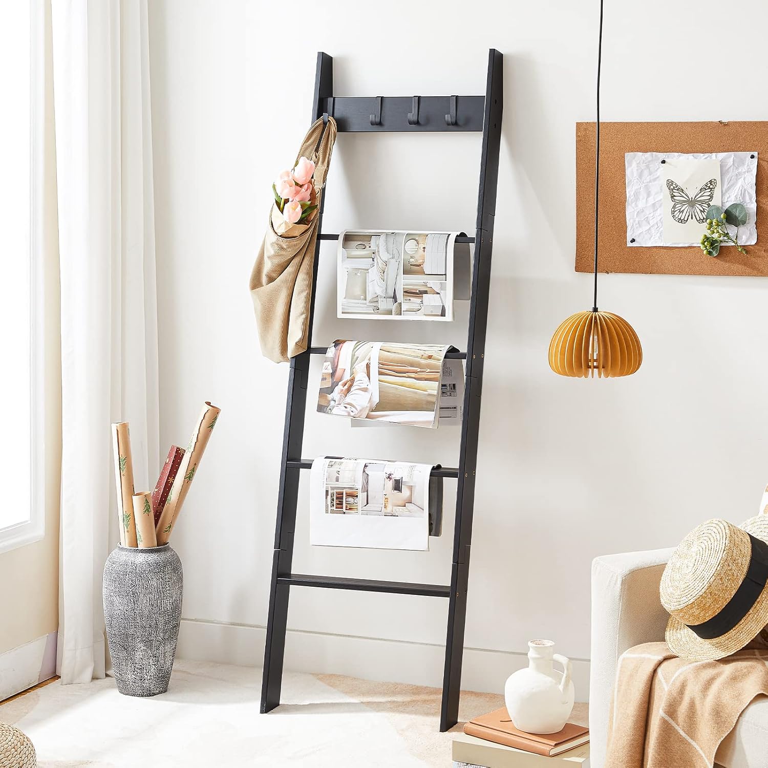 HOOBRO Blanket Ladder, Wall Leaning 5 Ft Blanket Rack, 5 Tier Farmhouse Ladder Shelf, Towel Rack, Decorative Quilt Rack, Removable Hooks, Living Room, Bedroom, Bathroom, Black BB51CJ01 - Image 2