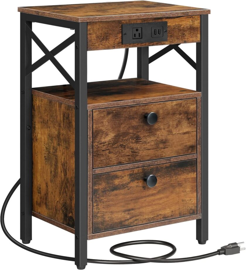HOOBRO Nightstand with Charging Station, End Table with 2 Drawer, Sofa Side Table with USB Port, Multi-Level Storage Space, for Bedroom, Adjustable Feet, Stable, Rustic Brown and Black BF138UBZ01