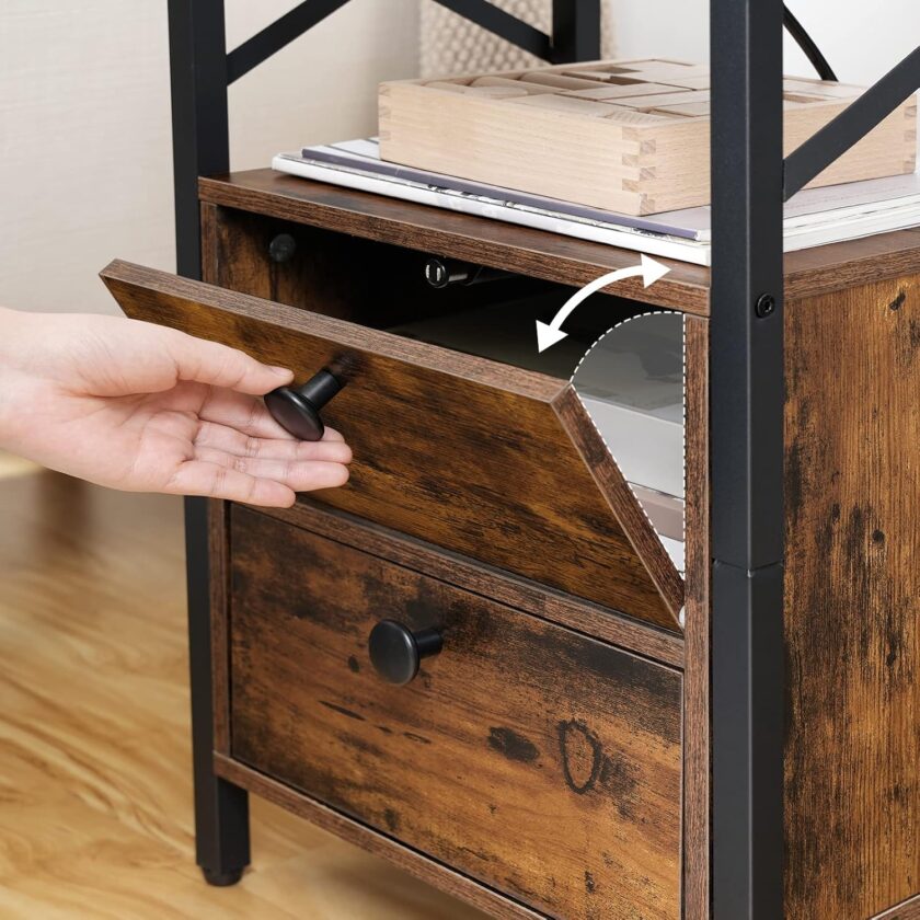HOOBRO Nightstand with Charging Station, End Table with 2 Drawer, Sofa Side Table with USB Port, Multi-Level Storage Space, for Bedroom, Adjustable Feet, Stable, Rustic Brown and Black BF138UBZ01 - Image 4
