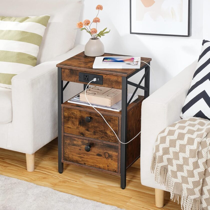 HOOBRO Nightstand with Charging Station, End Table with 2 Drawer, Sofa Side Table with USB Port, Multi-Level Storage Space, for Bedroom, Adjustable Feet, Stable, Rustic Brown and Black BF138UBZ01 - Image 8