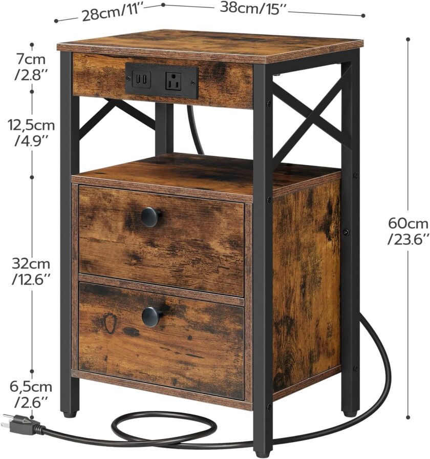 HOOBRO Nightstand with Charging Station, End Table with 2 Drawer, Sofa Side Table with USB Port, Multi-Level Storage Space, for Bedroom, Adjustable Feet, Stable, Rustic Brown and Black BF138UBZ01 - Image 3