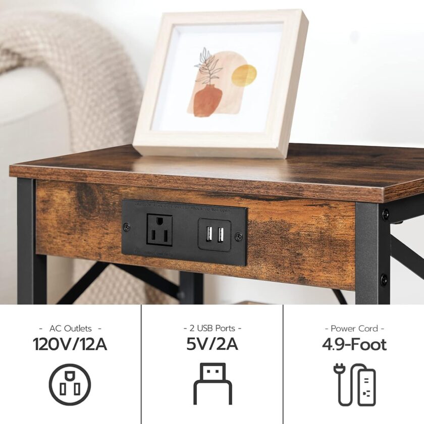 HOOBRO Nightstand with Charging Station, End Table with 2 Drawer, Sofa Side Table with USB Port, Multi-Level Storage Space, for Bedroom, Adjustable Feet, Stable, Rustic Brown and Black BF138UBZ01 - Image 6