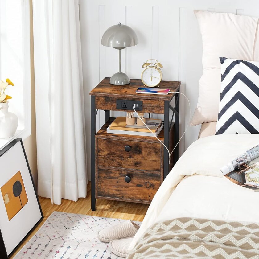 HOOBRO Nightstand with Charging Station, End Table with 2 Drawer, Sofa Side Table with USB Port, Multi-Level Storage Space, for Bedroom, Adjustable Feet, Stable, Rustic Brown and Black BF138UBZ01 - Image 2