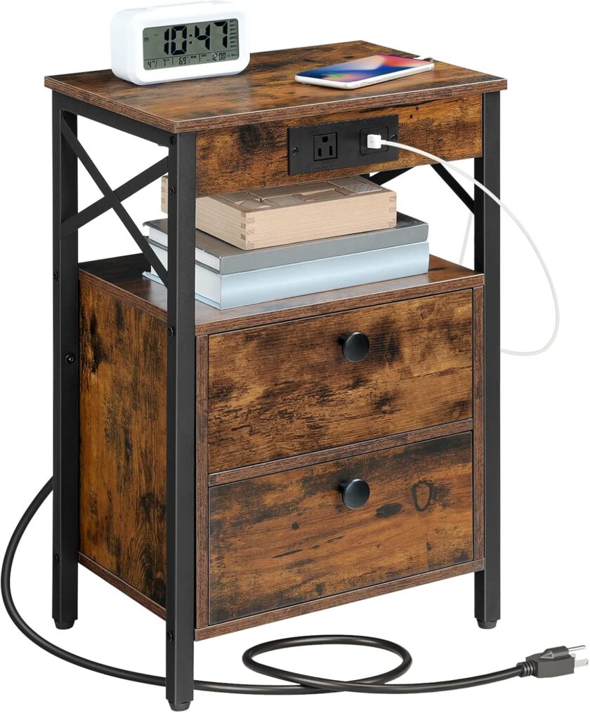 HOOBRO Nightstand with Charging Station, End Table with 2 Drawer, Sofa Side Table with USB Port, Multi-Level Storage Space, for Bedroom, Adjustable Feet, Stable, Rustic Brown and Black BF138UBZ01 - Image 9
