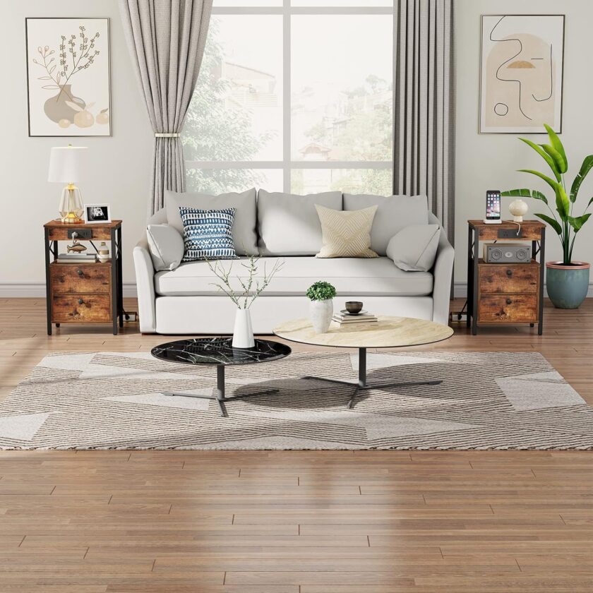 HOOBRO Nightstand with Charging Station, End Table with 2 Drawer, Sofa Side Table with USB Port, Multi-Level Storage Space, for Bedroom, Adjustable Feet, Stable, Rustic Brown and Black BF138UBZ01 - Image 5
