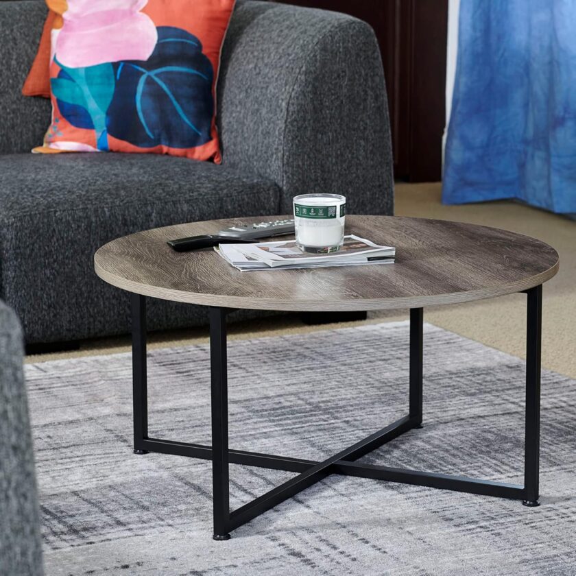 Household Essentials Jamestown Round Coffee Table Ashwood Rustic Wood Grain and Black Metal, 31.5 x 31.5 - Image 2