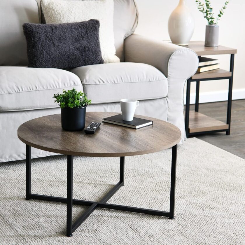 Household Essentials Jamestown Round Coffee Table Ashwood Rustic Wood Grain and Black Metal, 31.5 x 31.5 - Image 5