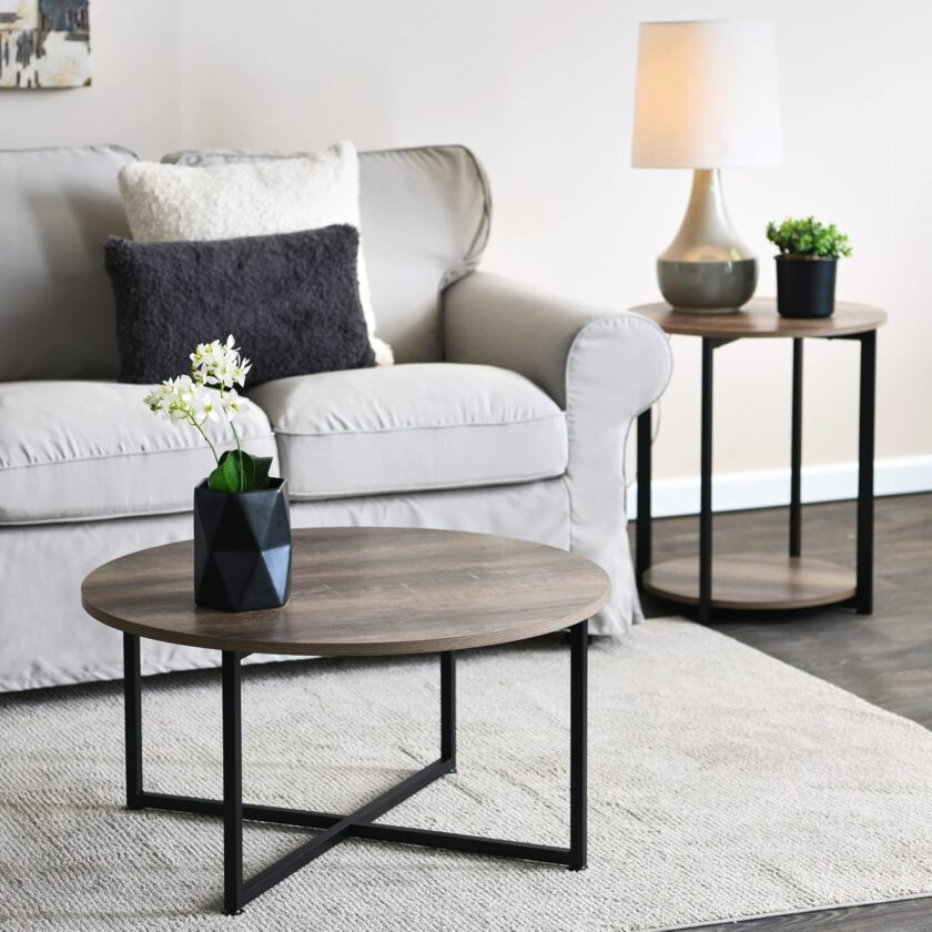 Household Essentials Jamestown Round Coffee Table Ashwood Rustic Wood Grain and Black Metal, 31.5 x 31.5 - Image 4