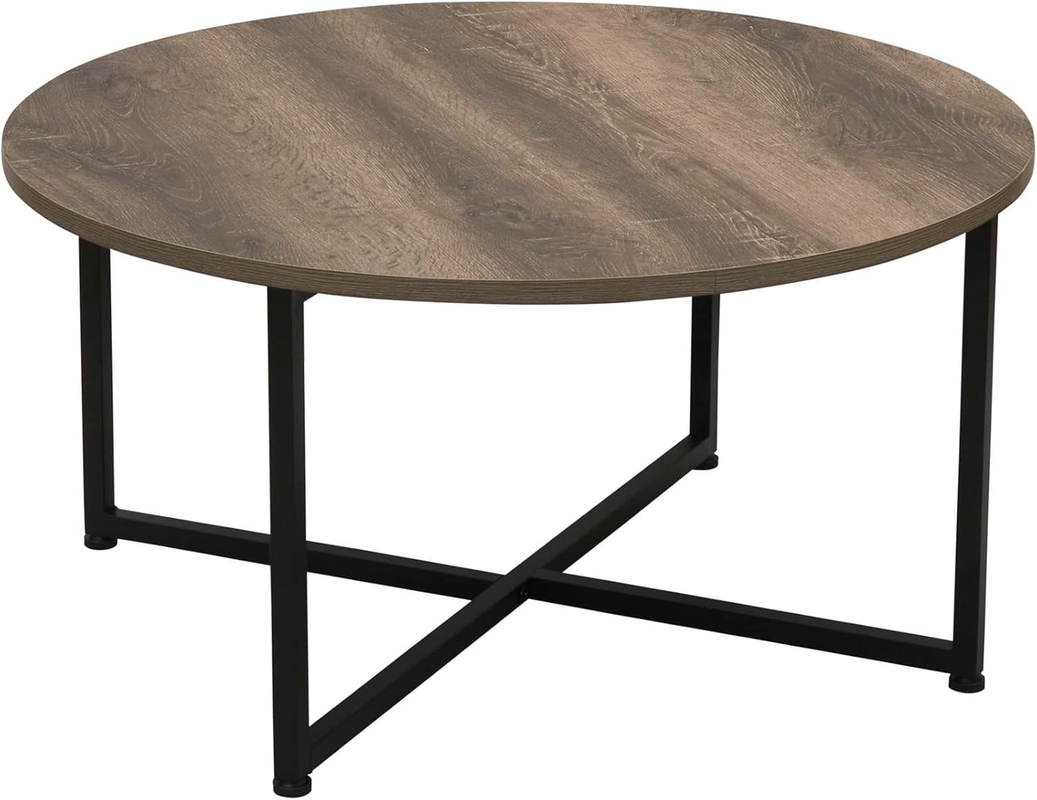 Household Essentials Jamestown Round Coffee Table Ashwood Rustic Wood Grain and Black Metal, 31.5 x 31.5