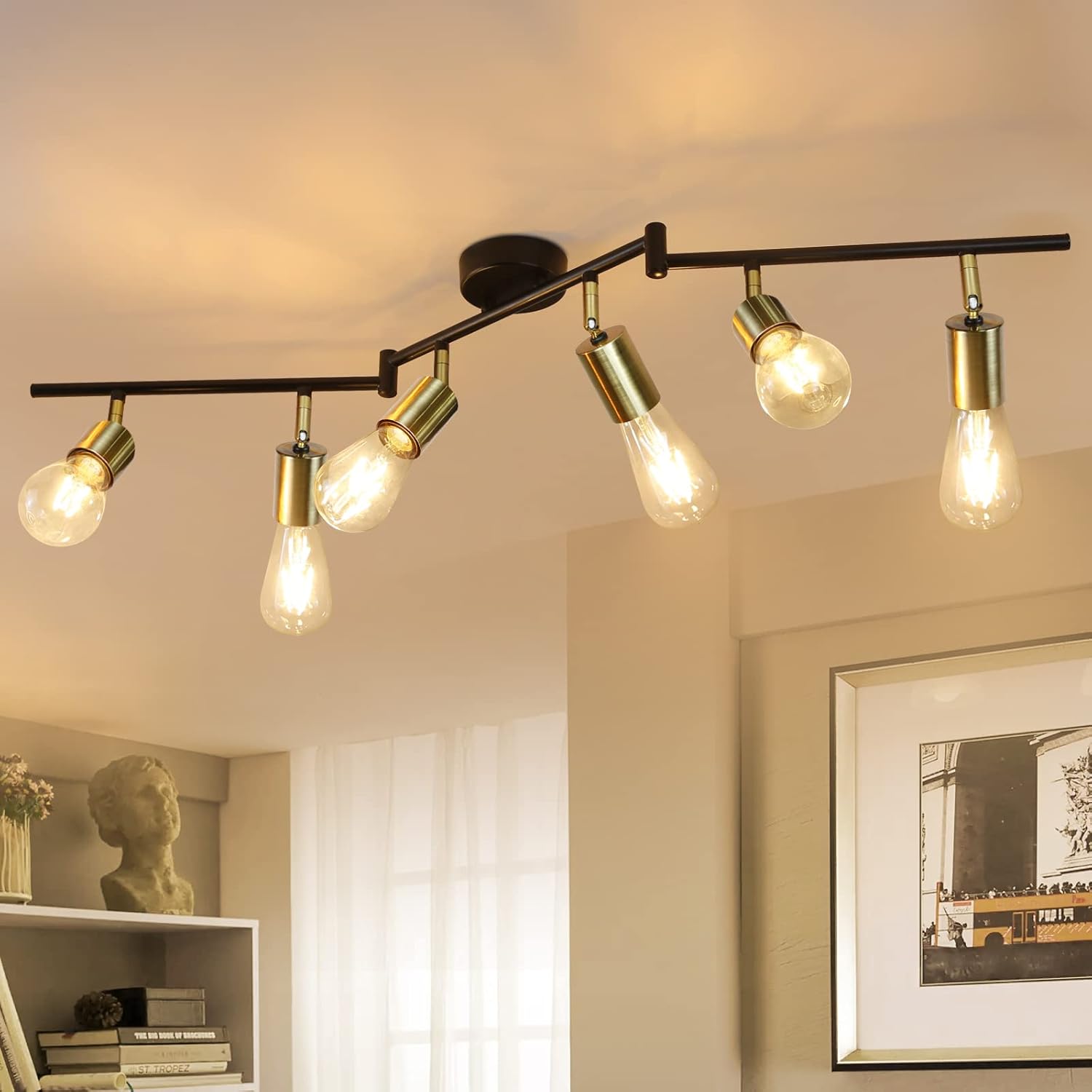 Hurrah Track Lighting Fixture Kit 6-Lights - Black Flexibly Foldable Ceiling Spotlight Modern Semi Flush Mount Ceiling Light for Rustic Industrial Dinging Room Living Room Bedroom Hallway - E26 Base